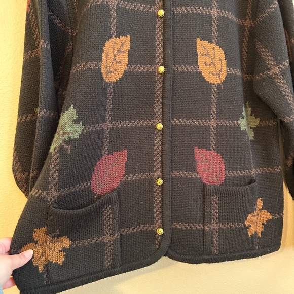 Vintage Fall Leaf Grid Crystal Kobe Oversized Sweater Cardigan Cozycore - Picture 4 of 12